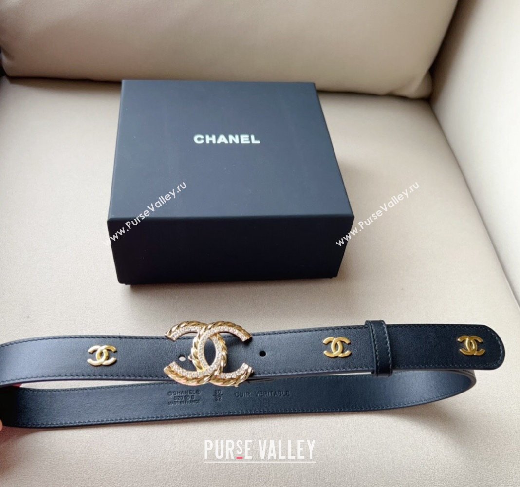 Chanel Calfskin Belt 3cm with Crystal and Chain CC Buckle Black 2023 0113 (99-240113013)