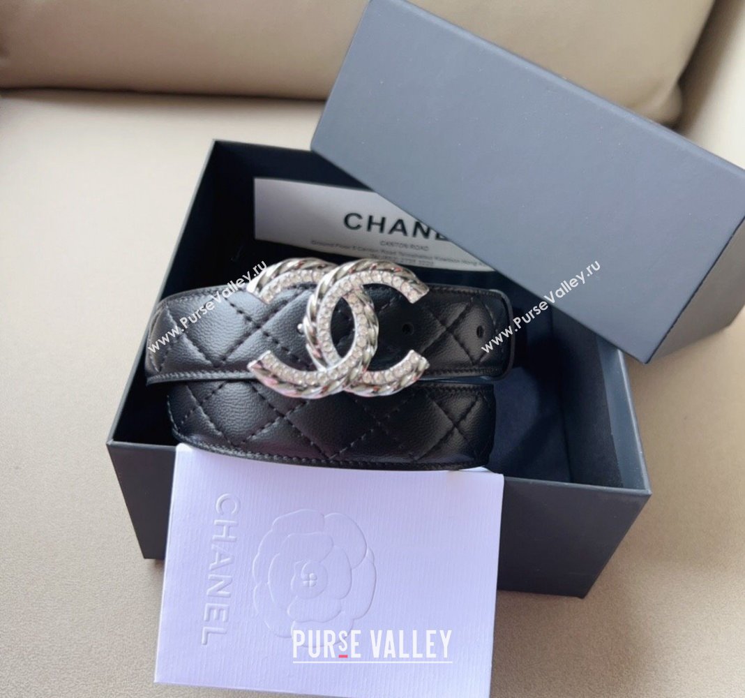 Chanel Quilted Leather Belt 3cm with Crystal and Chain CC Buckle Black 2023 0113 (99-240113014)