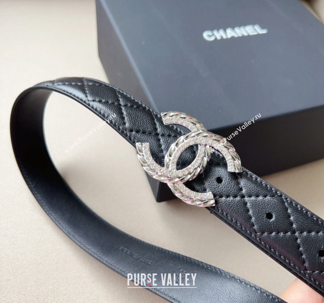 Chanel Quilted Leather Belt 3cm with Crystal and Chain CC Buckle Black 2023 0113 (99-240113014)