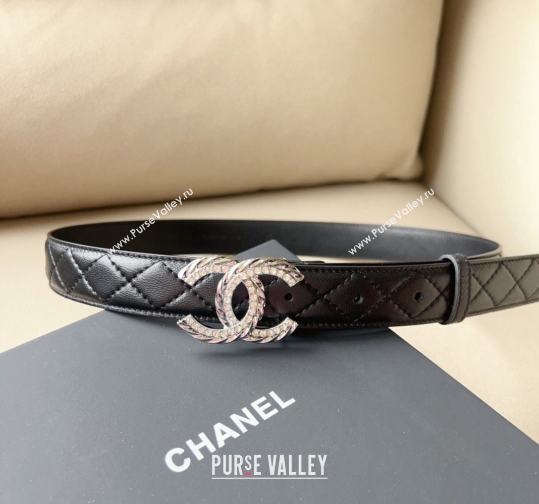 Chanel Quilted Leather Belt 3cm with Crystal and Chain CC Buckle Black 2023 0113 (99-240113014)