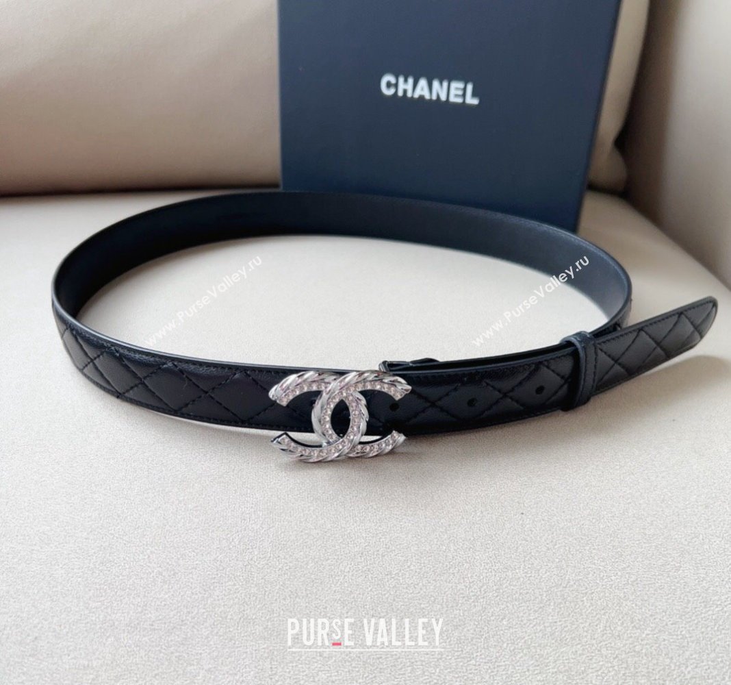 Chanel Quilted Leather Belt 3cm with Crystal and Chain CC Buckle Black 2023 0113 (99-240113014)