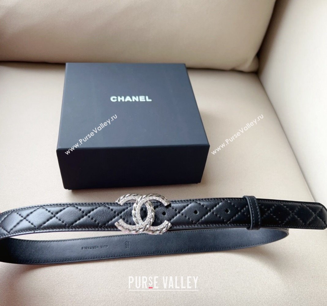 Chanel Quilted Leather Belt 3cm with Crystal and Chain CC Buckle Black 2023 0113 (99-240113014)