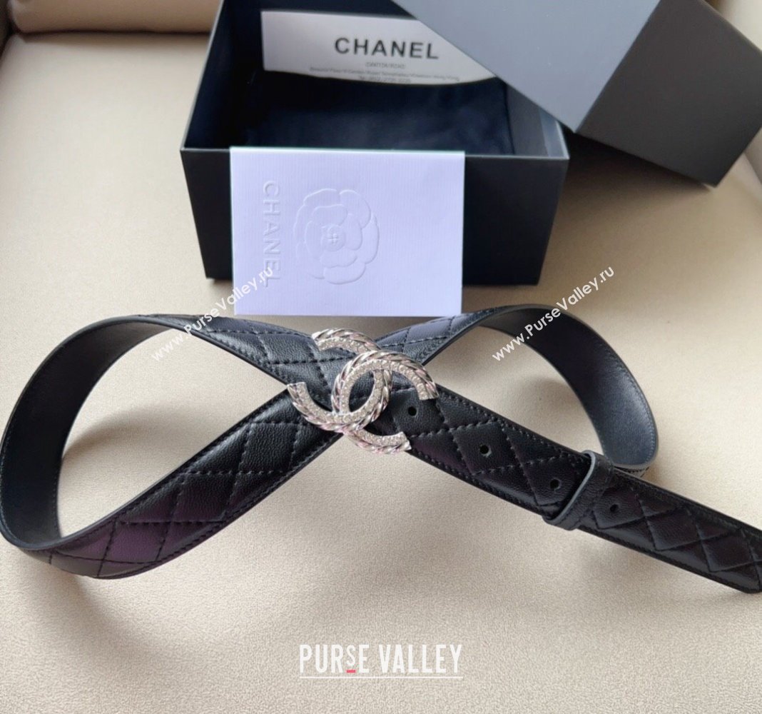 Chanel Quilted Leather Belt 3cm with Crystal and Chain CC Buckle Black 2023 0113 (99-240113014)