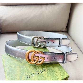 Gucci Iridescent Silver Metallic Leather Belt 4cm with GG 2024 0113 (99-240113016)