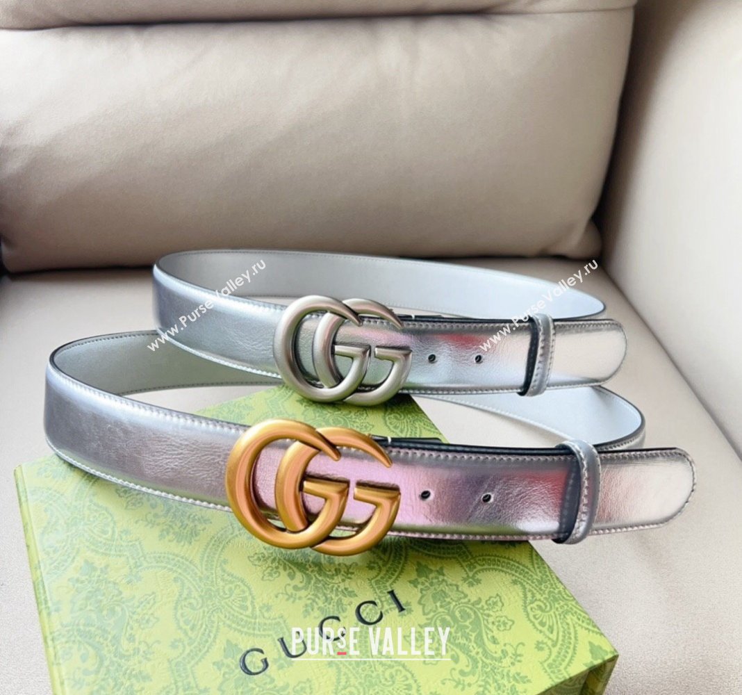 Gucci Iridescent Silver Metallic Leather Belt 4cm with GG 2024 0113 (99-240113016)