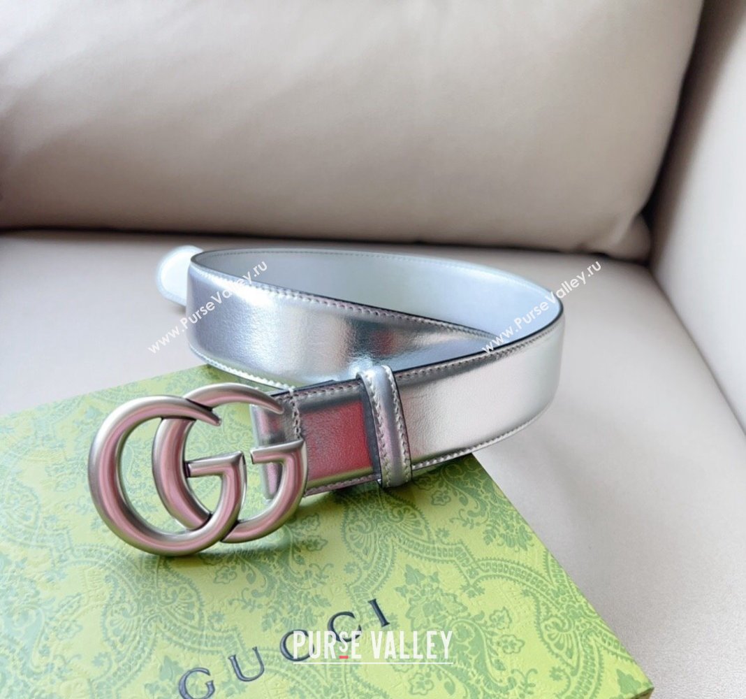 Gucci Iridescent Silver Metallic Leather Belt 4cm with GG 2024 0113 (99-240113016)