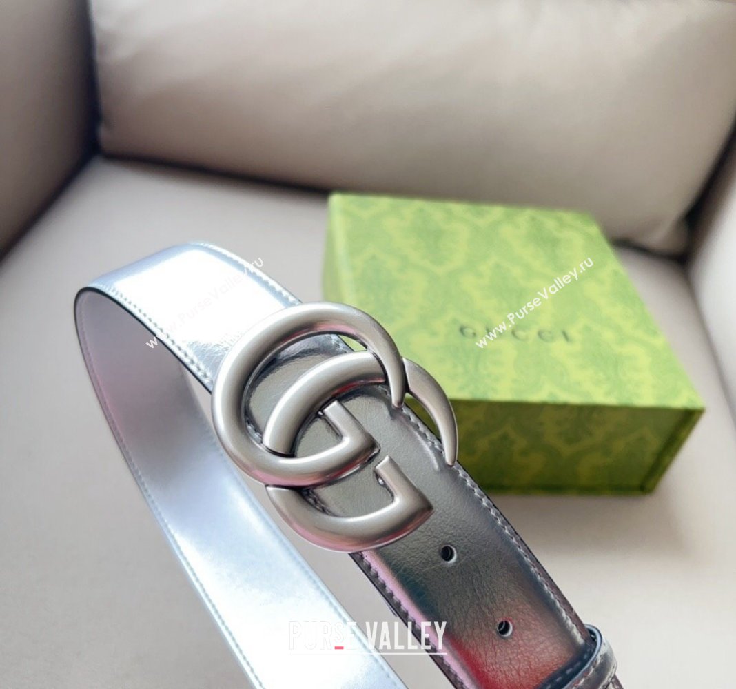 Gucci Iridescent Silver Metallic Leather Belt 4cm with GG 2024 0113 (99-240113016)