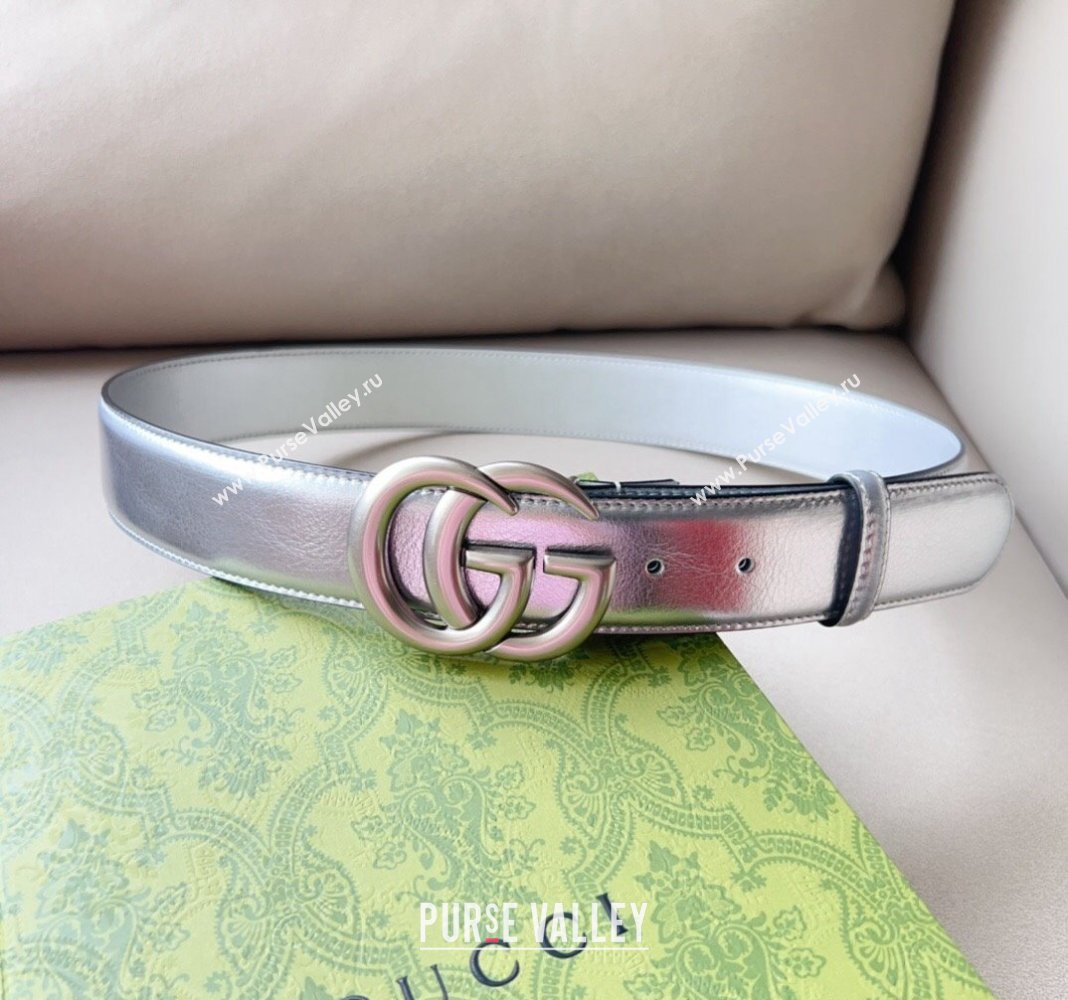 Gucci Iridescent Silver Metallic Leather Belt 4cm with GG 2024 0113 (99-240113016)