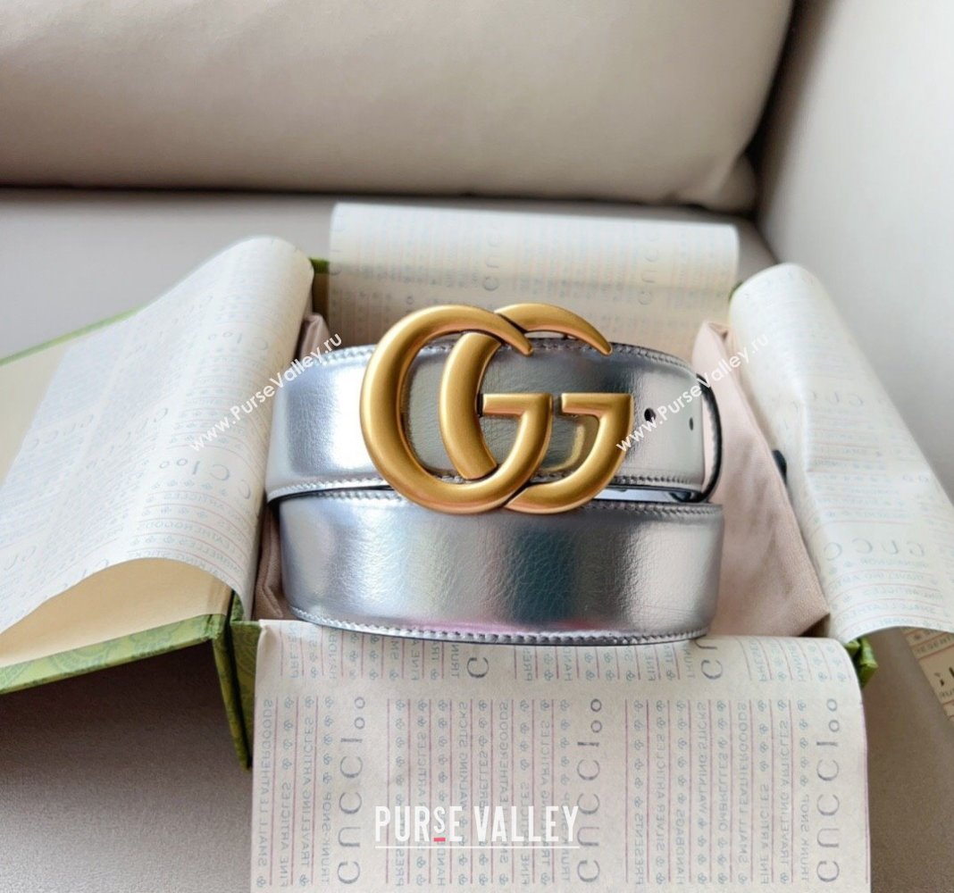 Gucci Iridescent Silver Metallic Leather Belt 4cm with GG 2024 0113 (99-240113016)