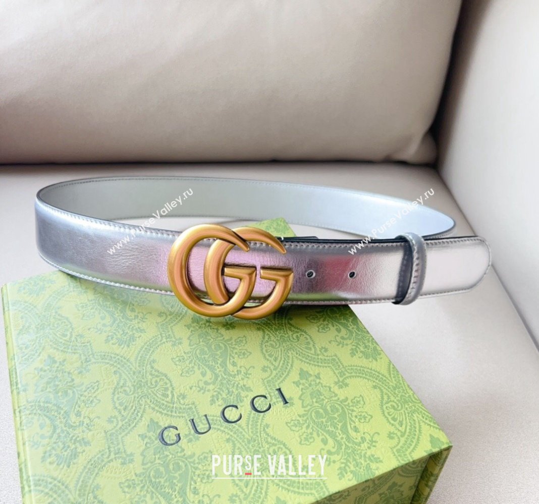 Gucci Iridescent Silver Metallic Leather Belt 4cm with GG 2024 0113 (99-240113016)