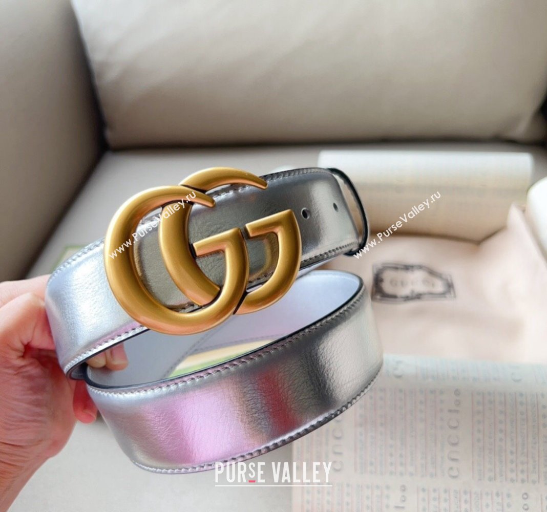 Gucci Iridescent Silver Metallic Leather Belt 4cm with GG 2024 0113 (99-240113016)