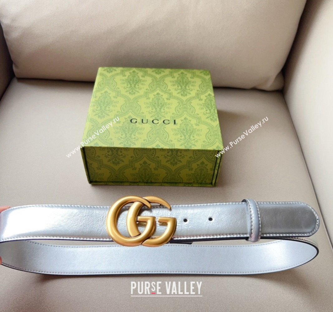 Gucci Iridescent Silver Metallic Leather Belt 4cm with GG 2024 0113 (99-240113016)