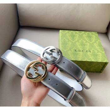 Gucci Iridescent Silver Metallic Leather Belt 4cm with Interlocking G 2024 0113 (99-240113017)