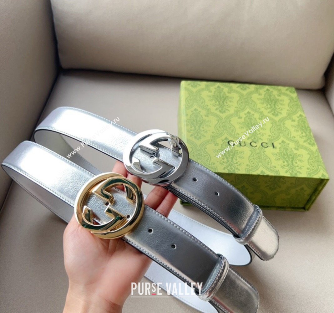 Gucci Iridescent Silver Metallic Leather Belt 4cm with Interlocking G 2024 0113 (99-240113017)