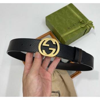 Gucci Grained Calfskin Leather Belt 3.8cm with Interlocking G Buckle Black/Gold 2024 0131 (99-240131172)