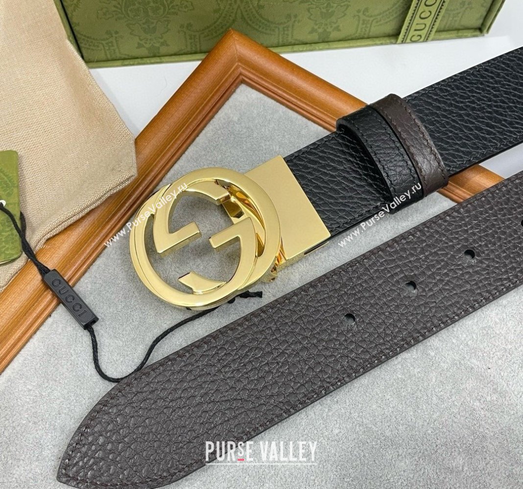 Gucci Grained Calfskin Leather Belt 3.8cm with Interlocking G Buckle Black/Gold 2024 0131 (99-240131172)