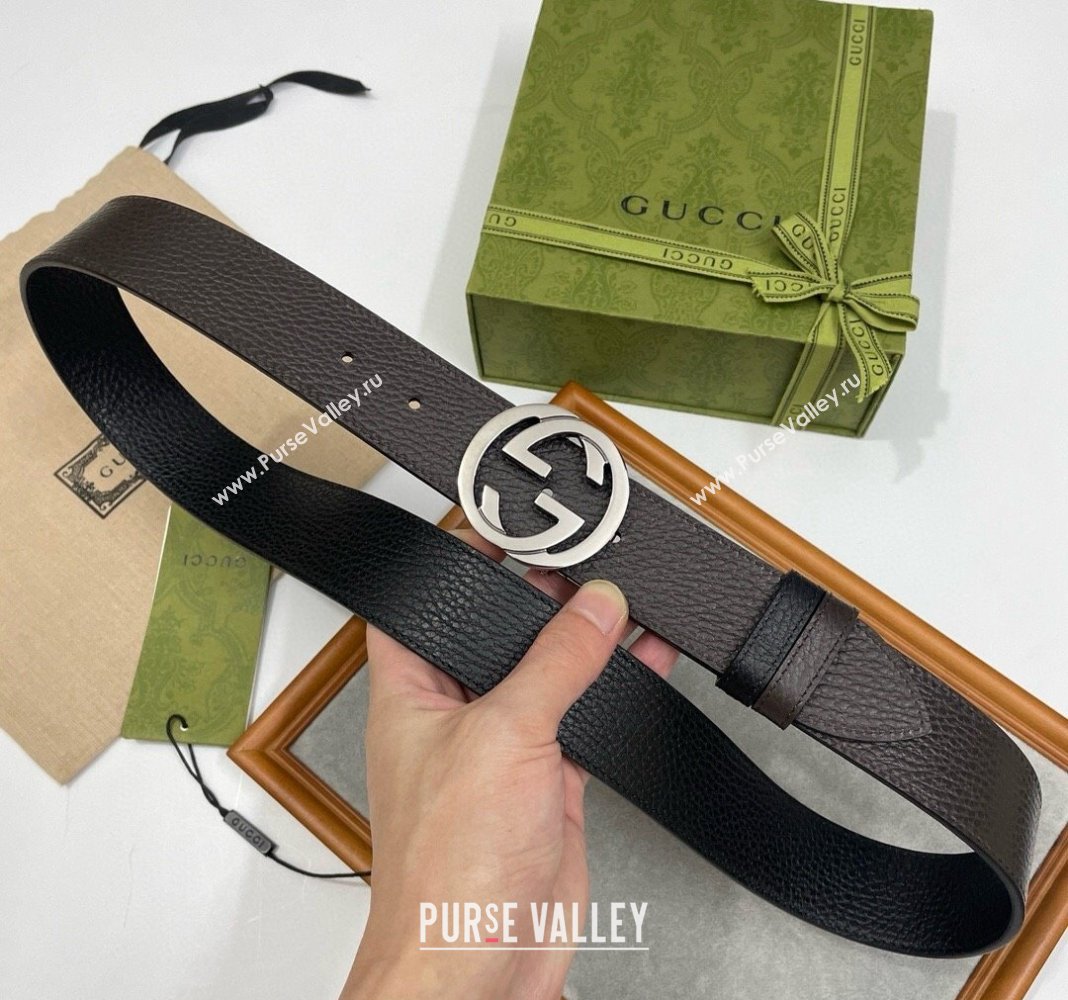 Gucci Grained Calfskin Leather Belt 3.8cm with Interlocking G Buckle Black/Matte Silver 2024 0131 (99-240131173)