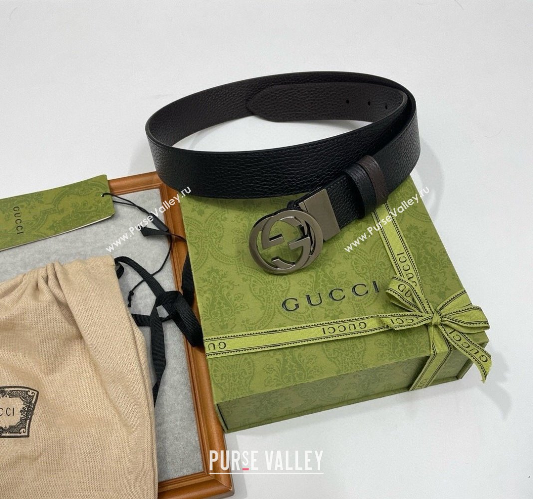 Gucci Grained Calfskin Leather Belt 3.8cm with Interlocking G Buckle Black/Matte Silver 2024 0131 (99-240131173)