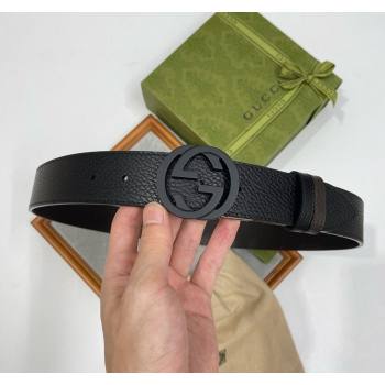 Gucci Grained Calfskin Leather Belt 3.8cm with Interlocking G Buckle All Black 2024 0131 (99-240131174)