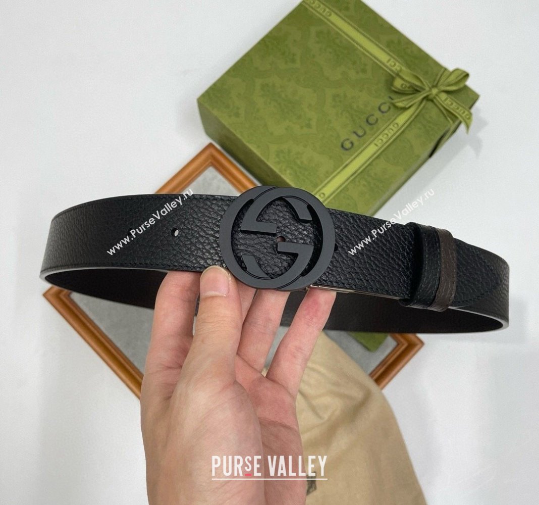 Gucci Grained Calfskin Leather Belt 3.8cm with Interlocking G Buckle All Black 2024 0131 (99-240131174)