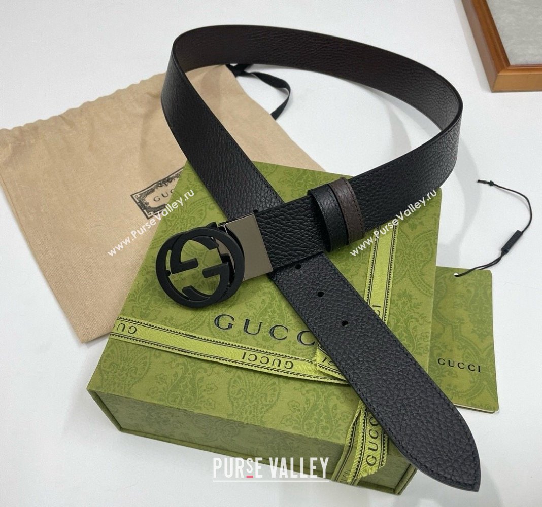 Gucci Grained Calfskin Leather Belt 3.8cm with Interlocking G Buckle All Black 2024 0131 (99-240131174)