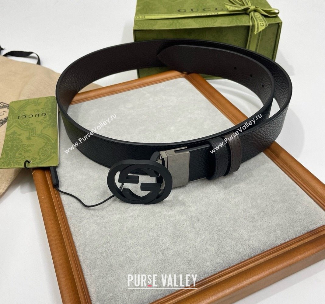 Gucci Grained Calfskin Leather Belt 3.8cm with Interlocking G Buckle All Black 2024 0131 (99-240131174)