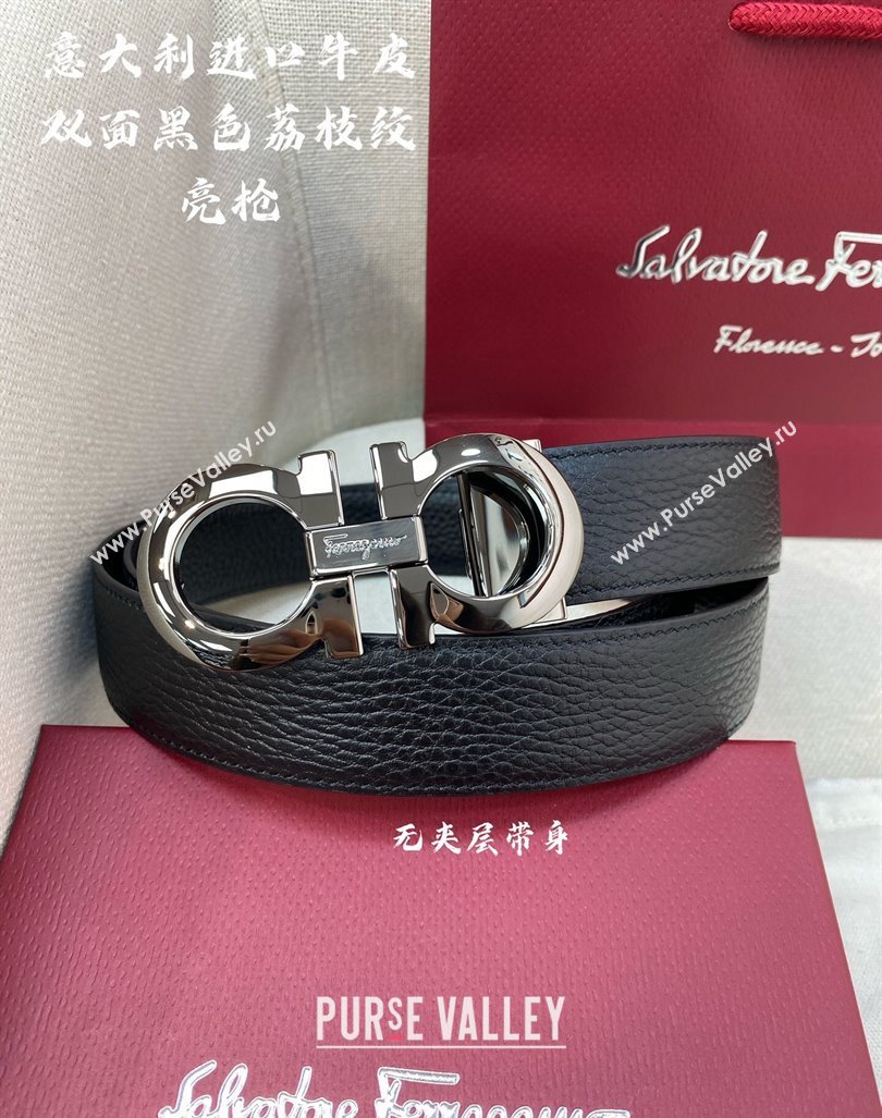 Ferragamo Litchi-Grained Calfskin Leather Belt 3.5cm Black/Shiny Gunmetal 2024 FG0131 (99-240131165)