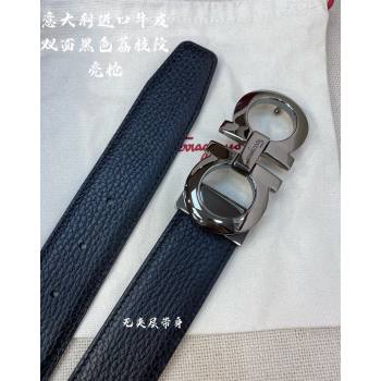 Ferragamo Litchi-Grained Calfskin Leather Belt 3.5cm Black/Shiny Gunmetal 2024 FG0131 (99-240131165)