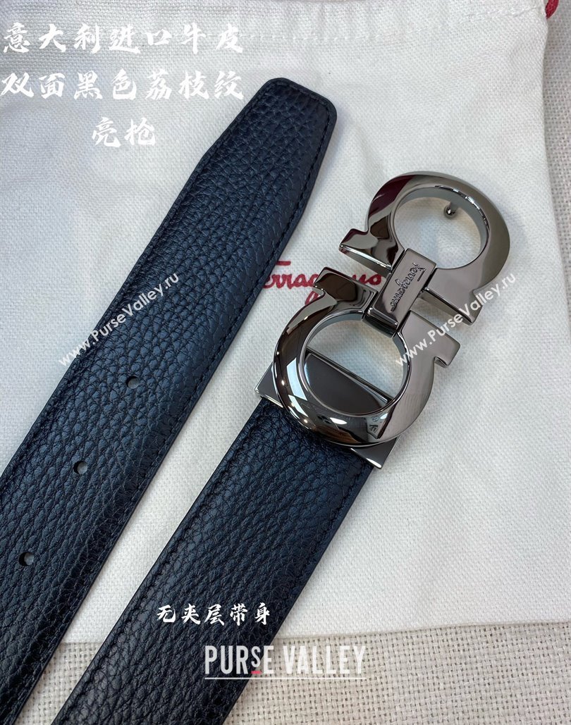 Ferragamo Litchi-Grained Calfskin Leather Belt 3.5cm Black/Shiny Gunmetal 2024 FG0131 (99-240131165)