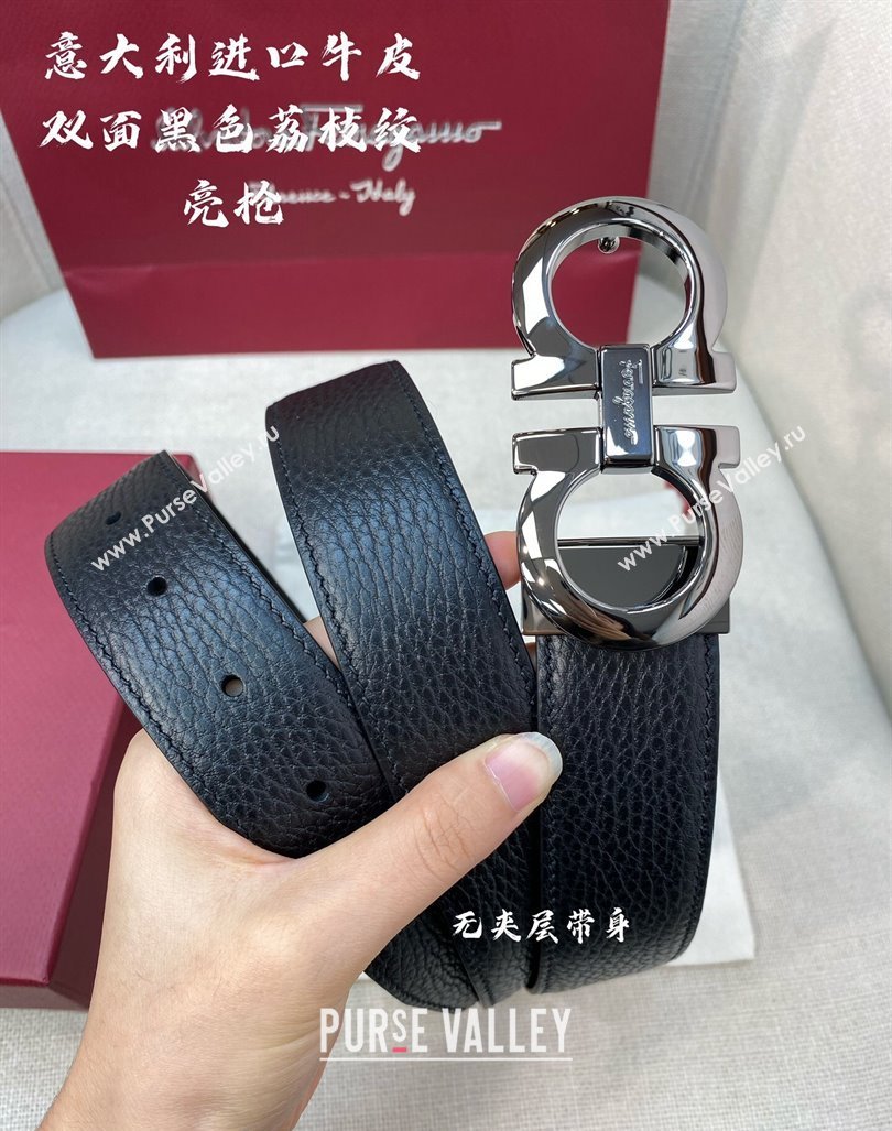 Ferragamo Litchi-Grained Calfskin Leather Belt 3.5cm Black/Shiny Gunmetal 2024 FG0131 (99-240131165)