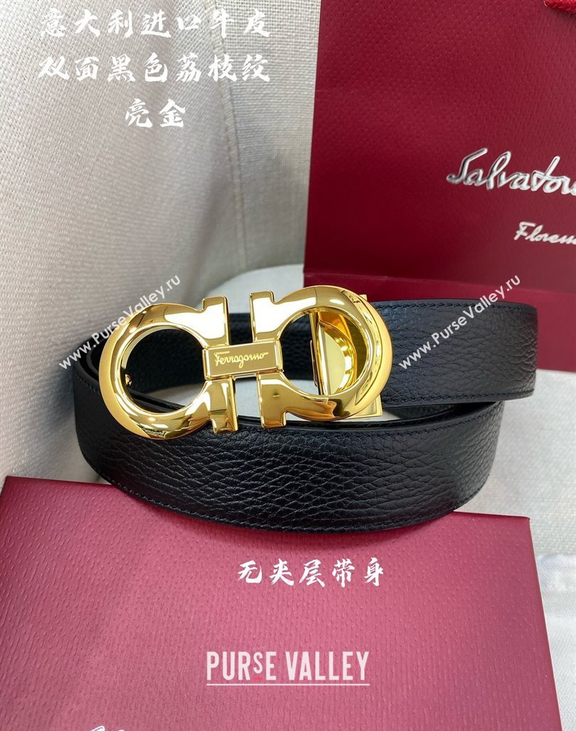 Ferragamo Litchi-Grained Calfskin Leather Belt 3.5cm Black/Shiny Gold 2024 FG0131 (99-240131166)