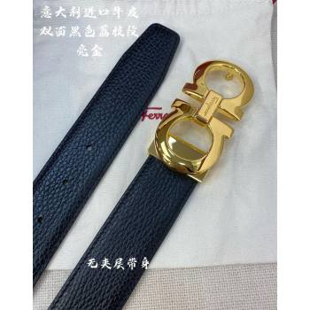 Ferragamo Litchi-Grained Calfskin Leather Belt 3.5cm Black/Shiny Gold 2024 FG0131 (99-240131166)