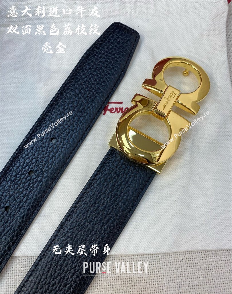 Ferragamo Litchi-Grained Calfskin Leather Belt 3.5cm Black/Shiny Gold 2024 FG0131 (99-240131166)