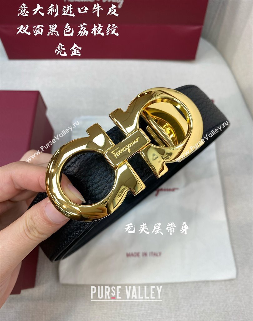 Ferragamo Litchi-Grained Calfskin Leather Belt 3.5cm Black/Shiny Gold 2024 FG0131 (99-240131166)