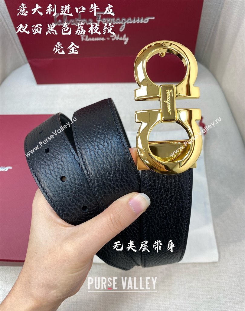 Ferragamo Litchi-Grained Calfskin Leather Belt 3.5cm Black/Shiny Gold 2024 FG0131 (99-240131166)