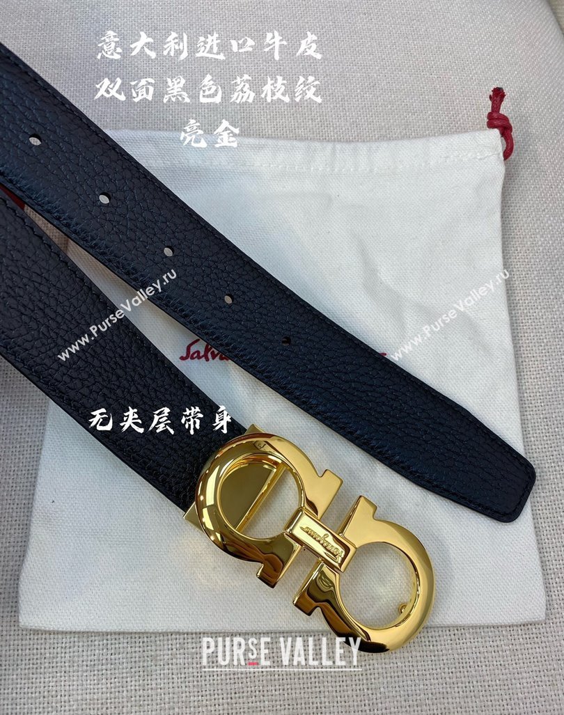 Ferragamo Litchi-Grained Calfskin Leather Belt 3.5cm Black/Shiny Gold 2024 FG0131 (99-240131166)