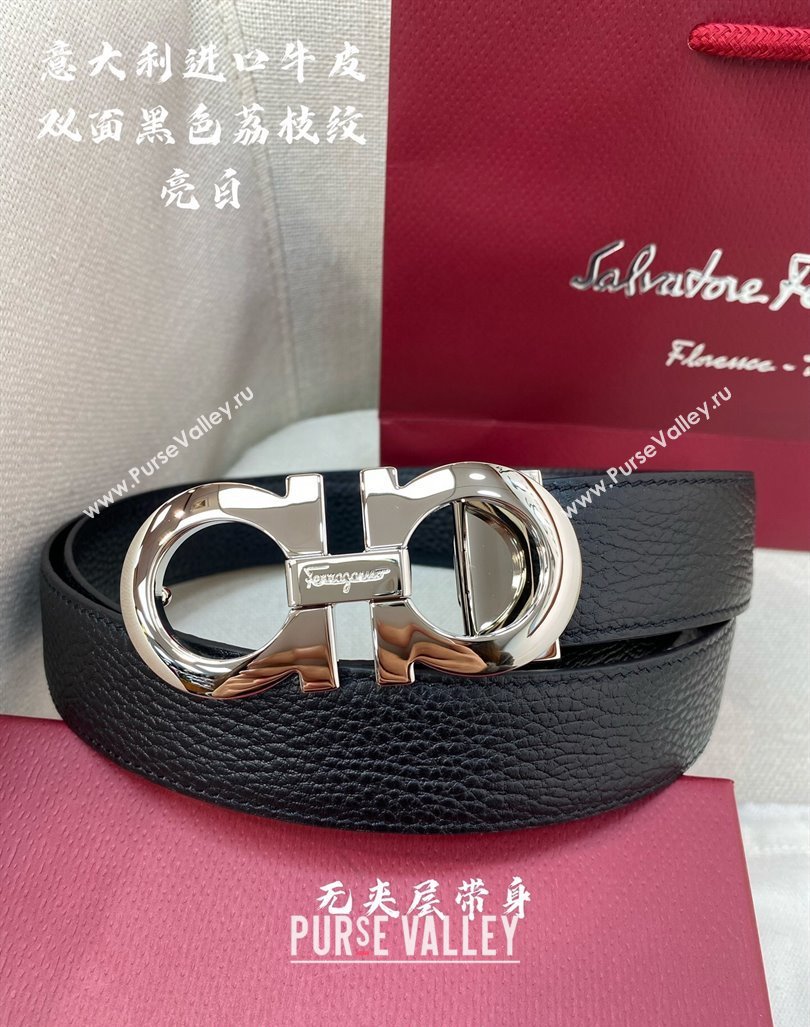 Ferragamo Litchi-Grained Calfskin Leather Belt 3.5cm Black/Shiny Silver 2024 FG0131 (99-240131167)