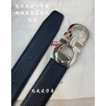 Ferragamo Litchi-Grained Calfskin Leather Belt 3.5cm Black/Shiny Silver 2024 FG0131 (99-240131167)