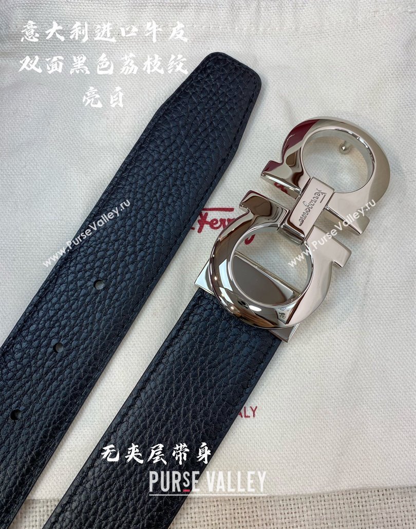 Ferragamo Litchi-Grained Calfskin Leather Belt 3.5cm Black/Shiny Silver 2024 FG0131 (99-240131167)