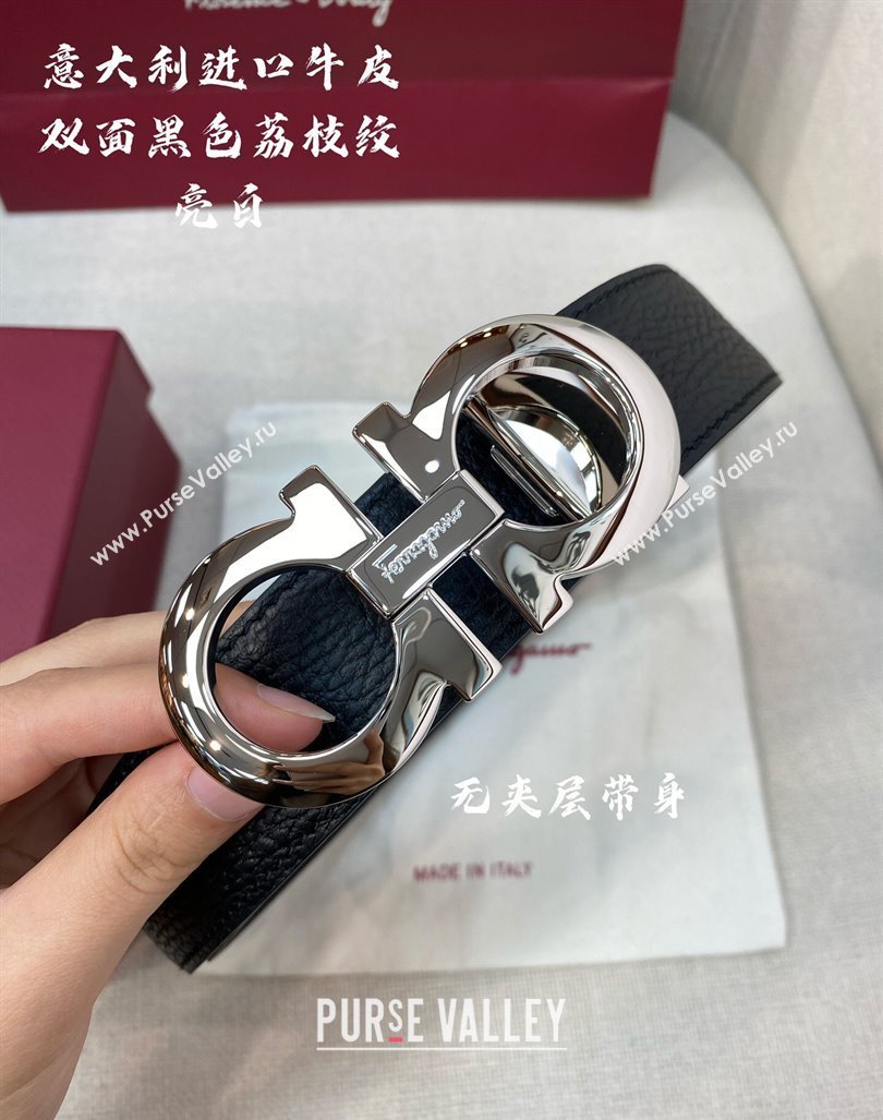 Ferragamo Litchi-Grained Calfskin Leather Belt 3.5cm Black/Shiny Silver 2024 FG0131 (99-240131167)