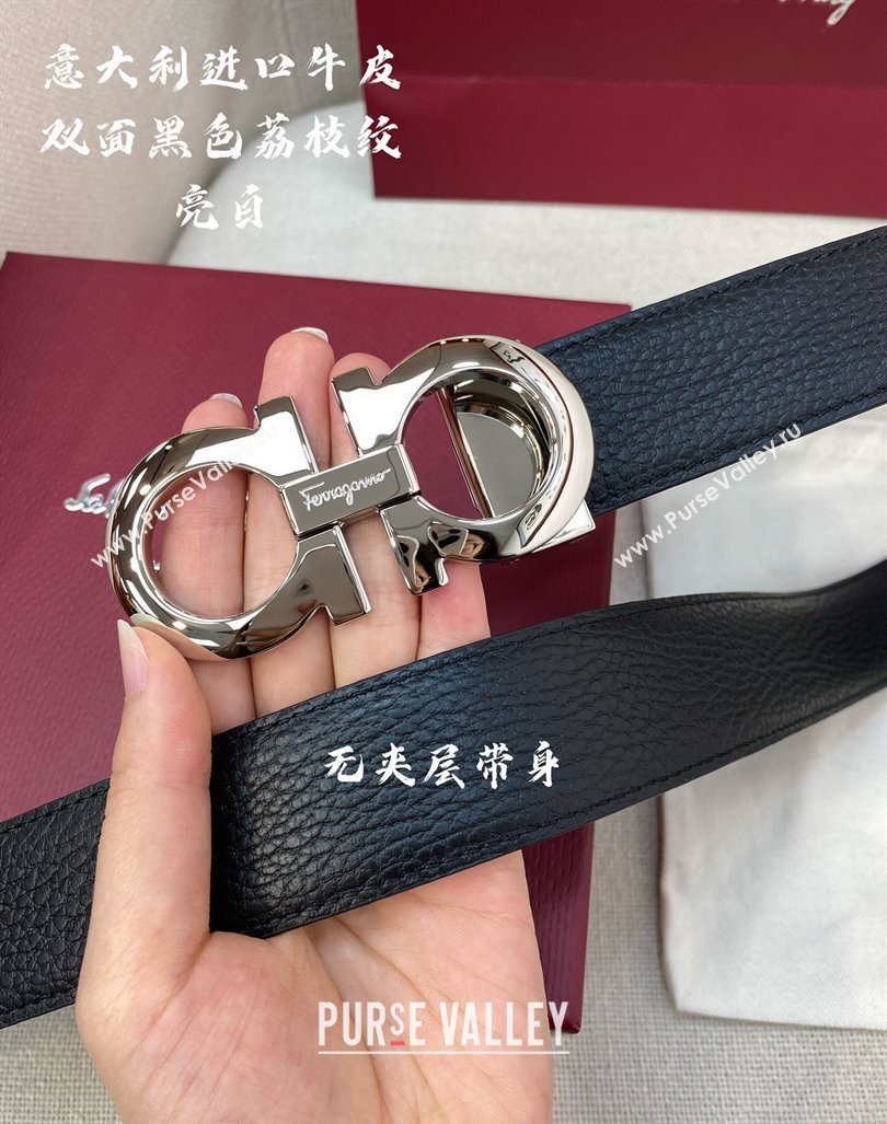 Ferragamo Litchi-Grained Calfskin Leather Belt 3.5cm Black/Shiny Silver 2024 FG0131 (99-240131167)