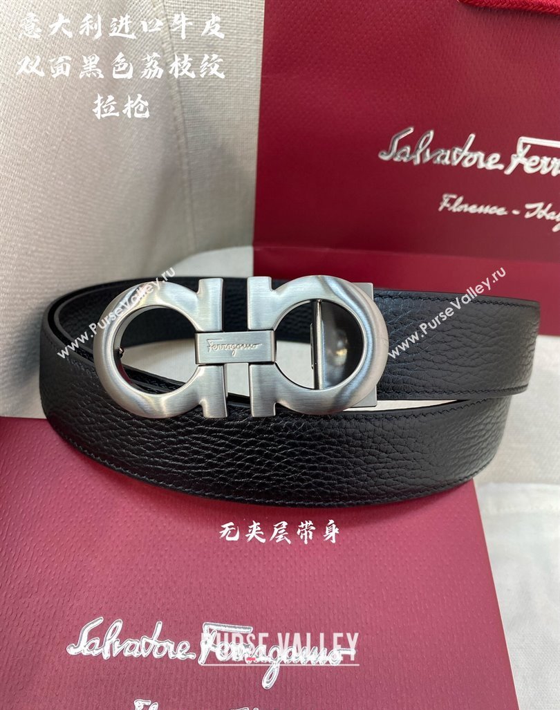 Ferragamo Litchi-Grained Calfskin Leather Belt 3.5cm Black/Brushed Gunmetal 2024 FG0131 (99-240131168)