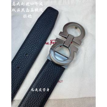 Ferragamo Litchi-Grained Calfskin Leather Belt 3.5cm Black/Brushed Gunmetal 2024 FG0131 (99-240131168)