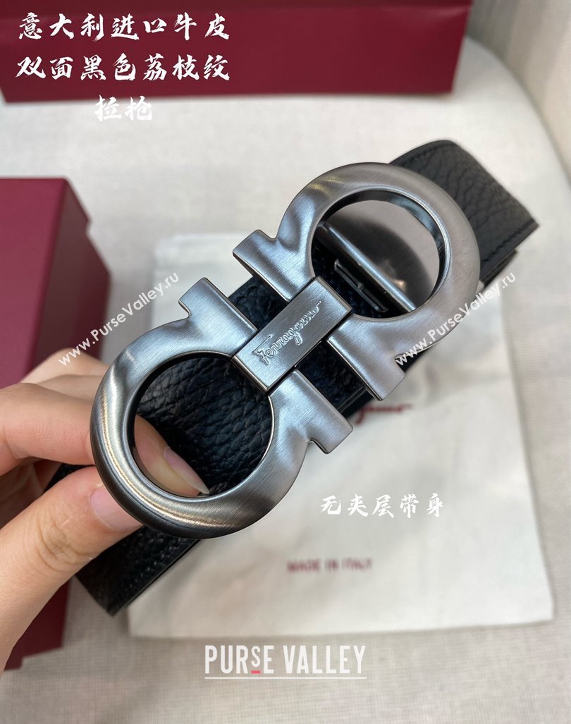 Ferragamo Litchi-Grained Calfskin Leather Belt 3.5cm Black/Brushed Gunmetal 2024 FG0131 (99-240131168)