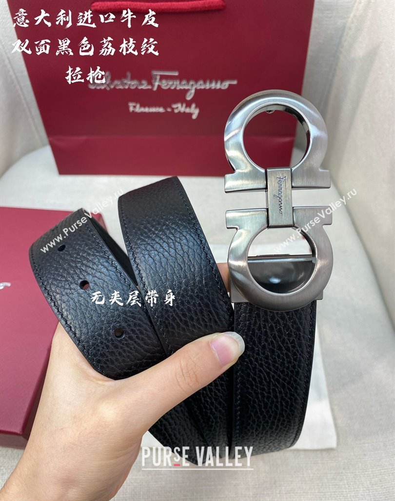 Ferragamo Litchi-Grained Calfskin Leather Belt 3.5cm Black/Brushed Gunmetal 2024 FG0131 (99-240131168)