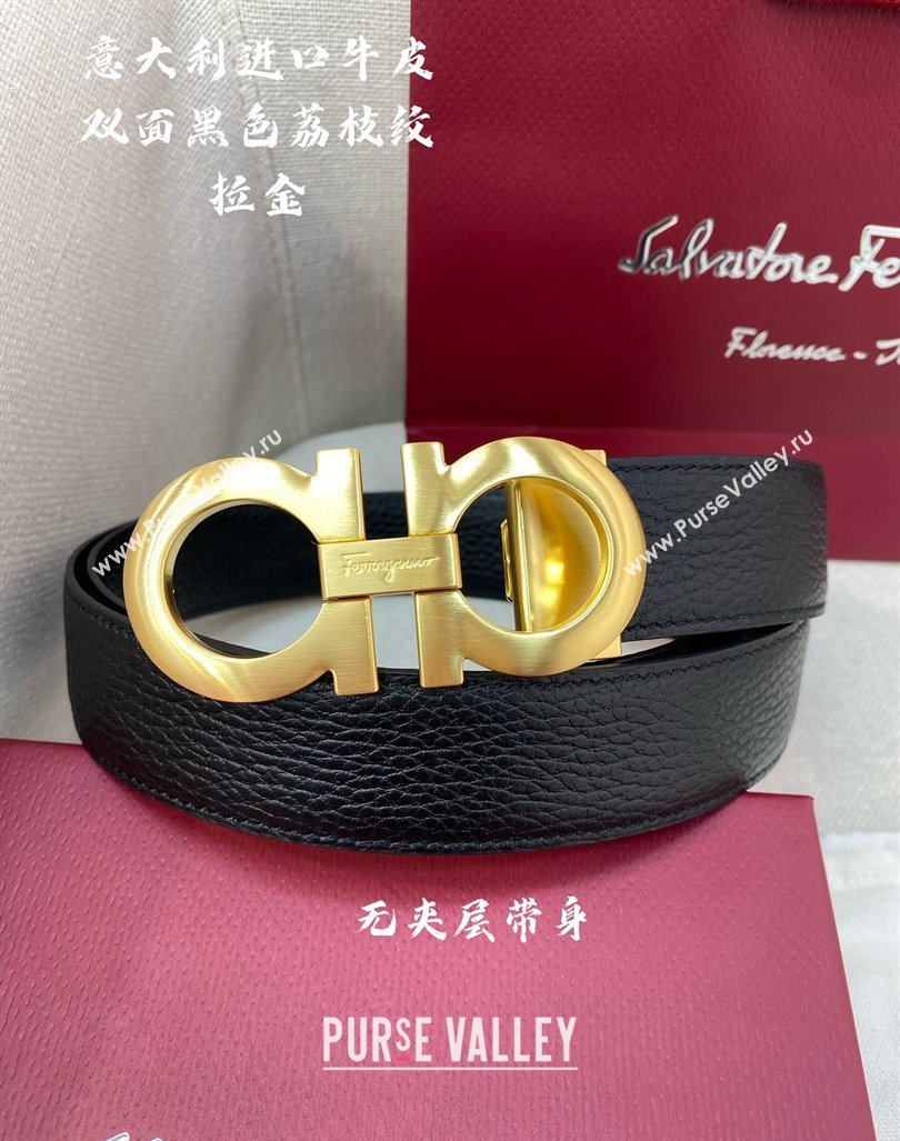 Ferragamo Litchi-Grained Calfskin Leather Belt 3.5cm Black/Brushed Gold 2024 FG0131 (99-240131169)