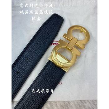 Ferragamo Litchi-Grained Calfskin Leather Belt 3.5cm Black/Brushed Gold 2024 FG0131 (99-240131169)