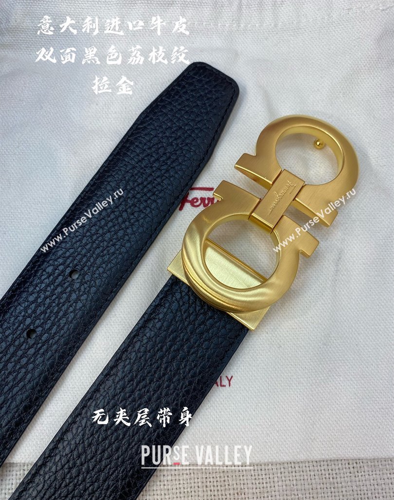 Ferragamo Litchi-Grained Calfskin Leather Belt 3.5cm Black/Brushed Gold 2024 FG0131 (99-240131169)