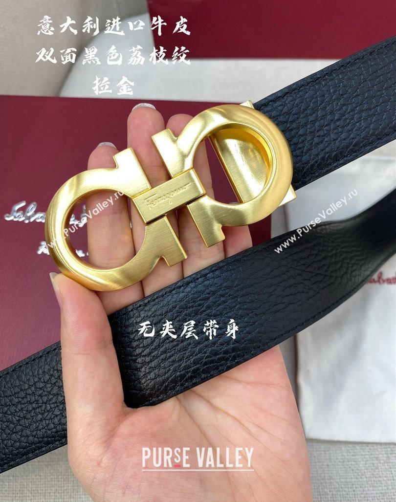 Ferragamo Litchi-Grained Calfskin Leather Belt 3.5cm Black/Brushed Gold 2024 FG0131 (99-240131169)