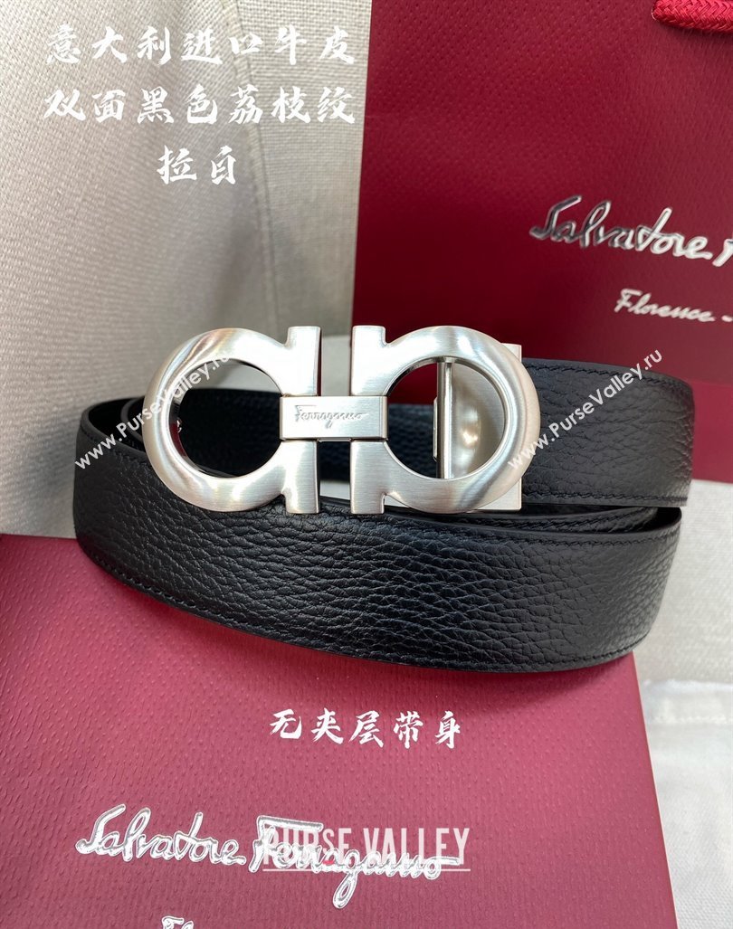 Ferragamo Litchi-Grained Calfskin Leather Belt 3.5cm Black/Brushed Silver 2024 FG0131 (99-240131170)